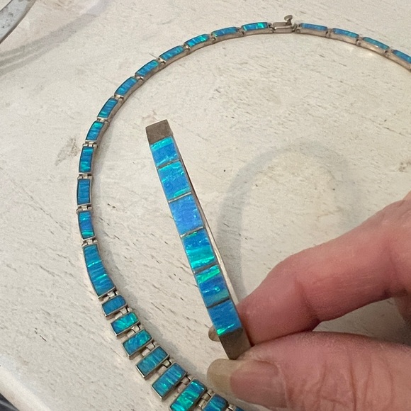 Vintage Mexico Blue Opal collar necklace & 925 blue opal hinged bracelet - Picture 4 of 13